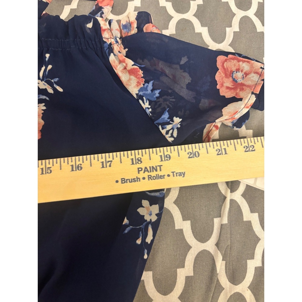 Floral Romper Dress Navy Blue Hi-Low Cold Shoulder Chiffon Boho Large - Picture 7 of 11